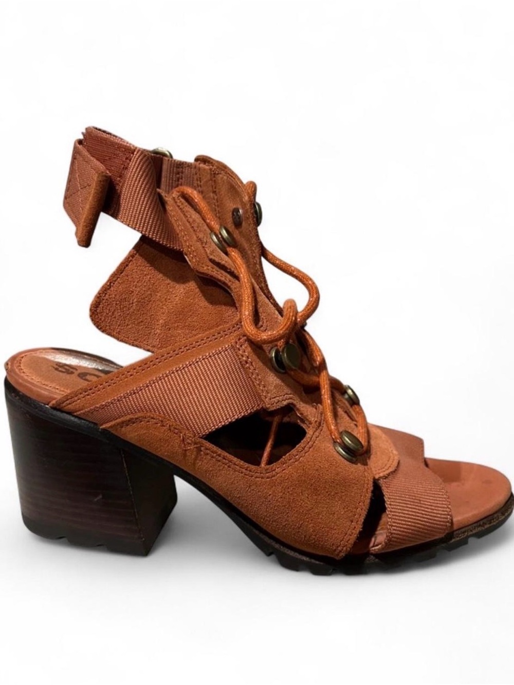 Sorel Nadia Lace Rust Orange Suede Block Heel Sandals 9